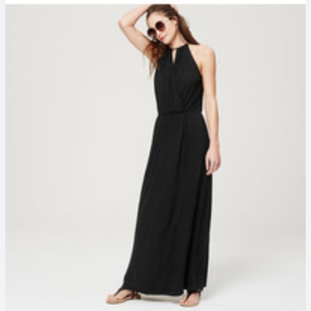 LOFT Beach Halter Maxi Dress women XS black side zip poly elastane